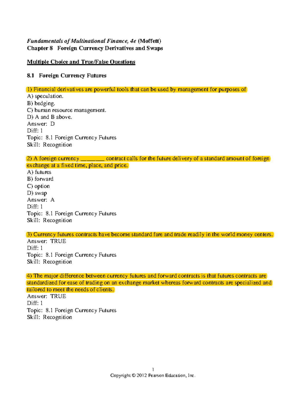 Final Exam Test Bank for Multinational Finance (MFF 101) - Chapter 8 ...