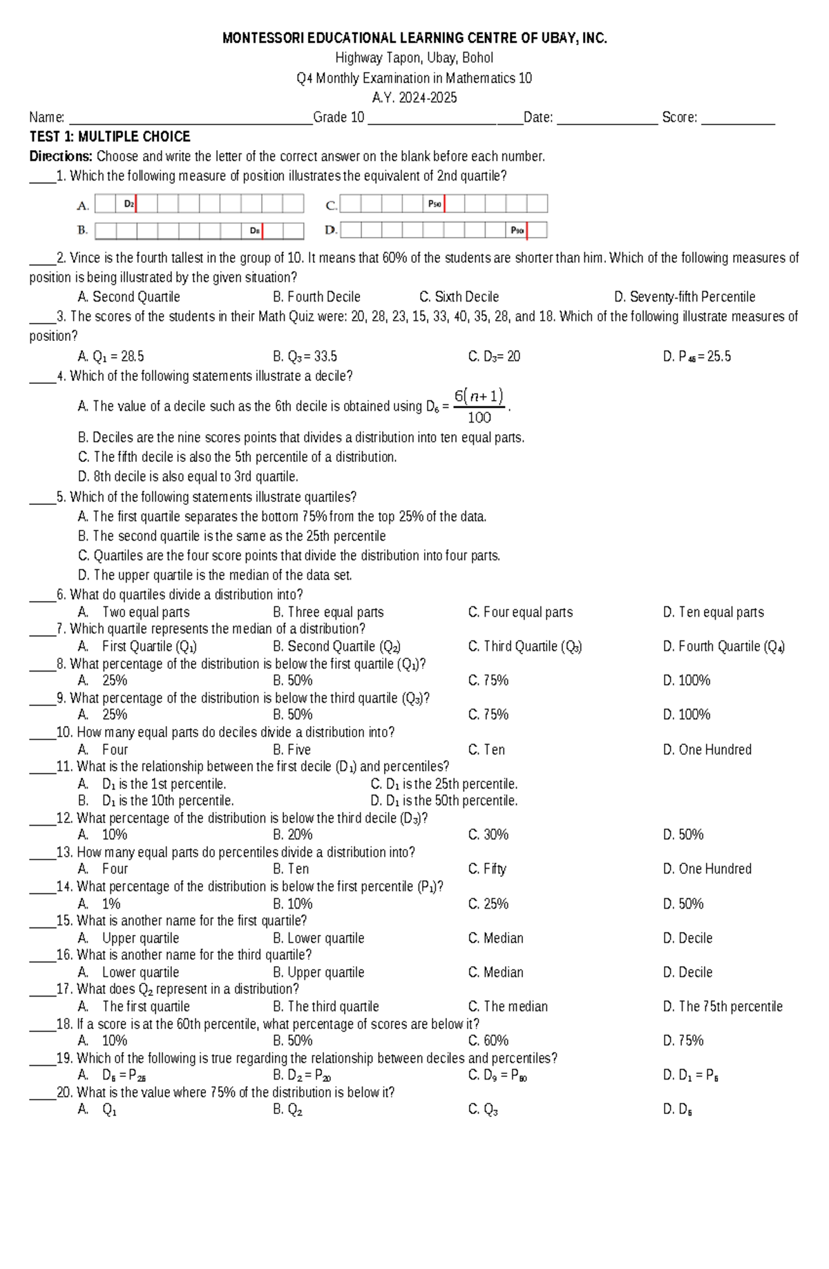 Q4 MT - Mastery Test in Mathematics for 10th Grade - Studocu
