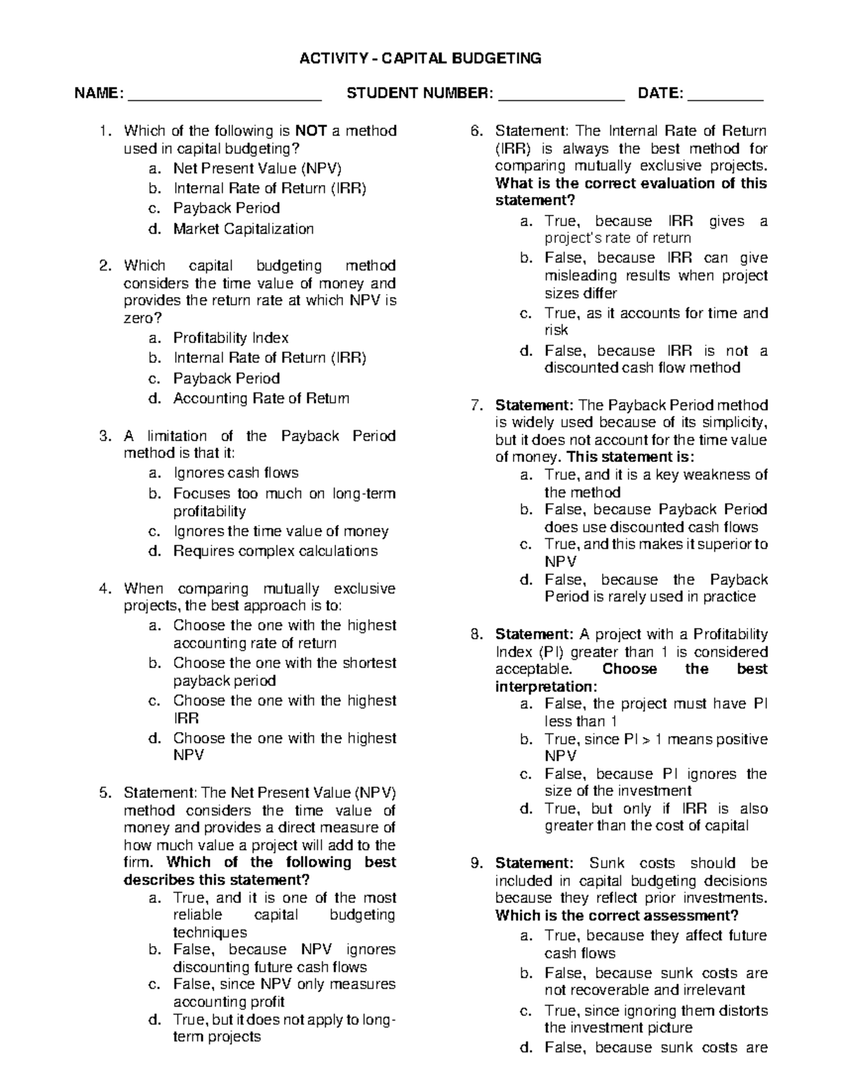 Activity - Capital Budgeting (FIN 301) Quiz Notes and Questions - Studocu