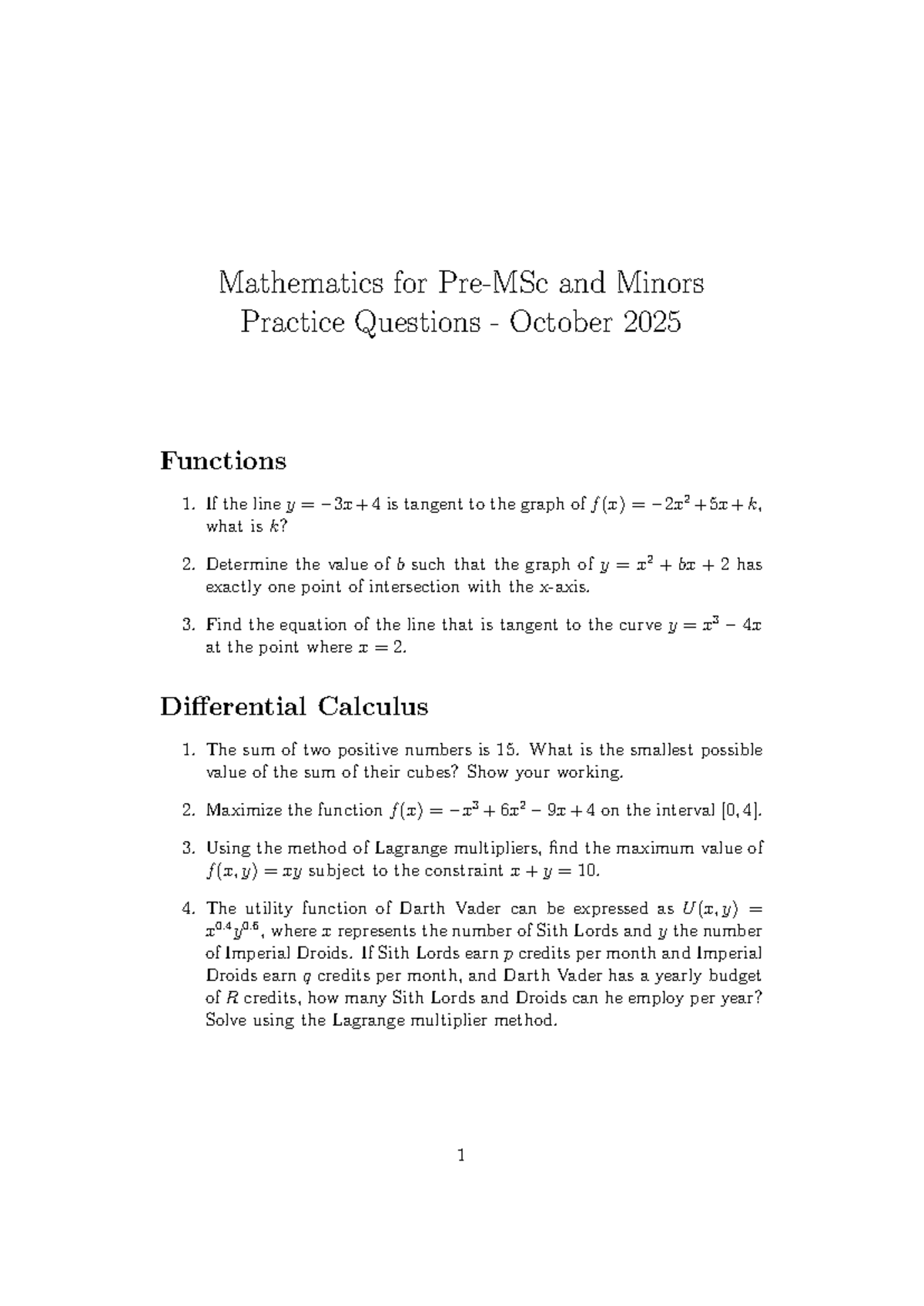 Mathematics for Minors Practice Questions - Functions & Calculus 2025 ...