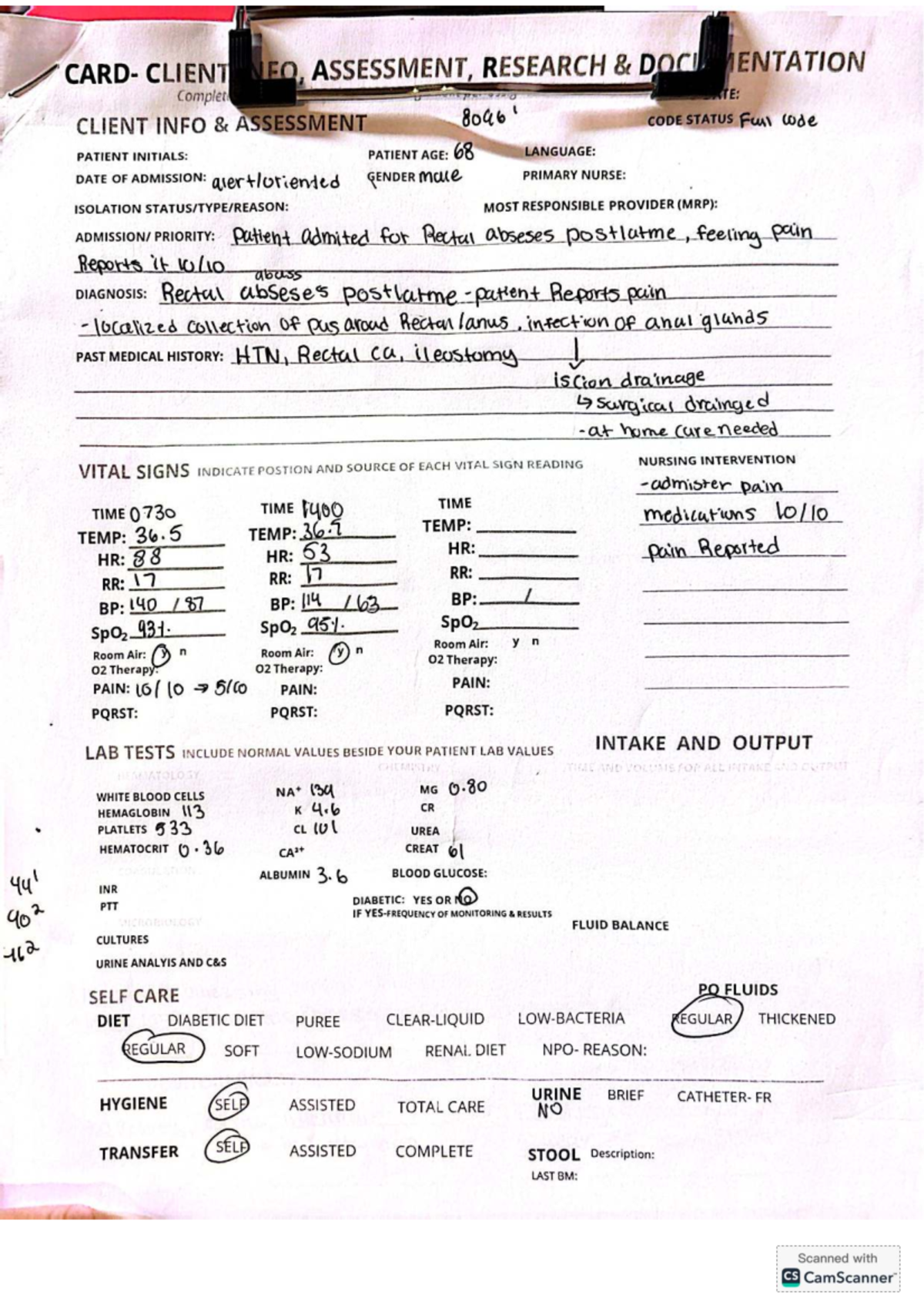 CLIENT NEO ASSESSMENT 8046: Rectal Abscess Case Study Documentation ...