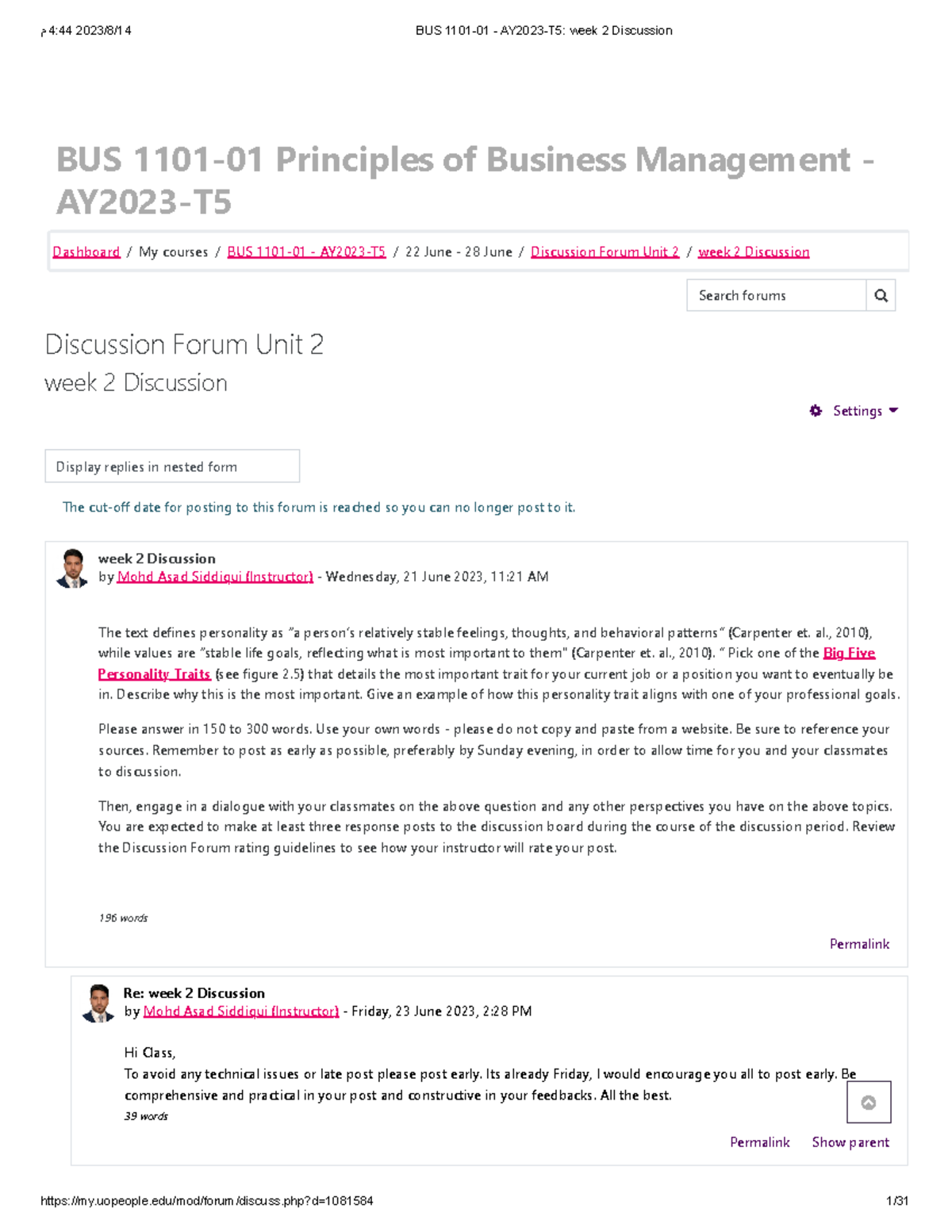 BUS 1101-01 - AY2023-T5 week 2 Discussion - BUS 1101-01 Principles of ...
