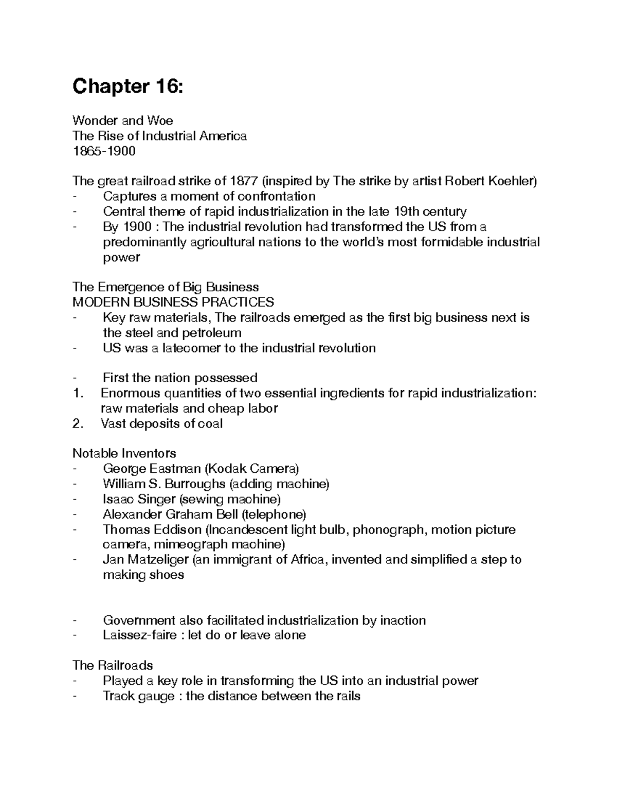 Chapter 16 (HIST) - The Rise of Industrial America Lecture Notes - Studocu