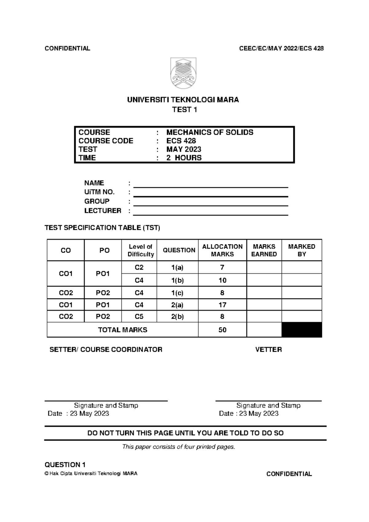 Test ECS 428: Mechanics of Solids - May 2023 Exam Paper - Studocu