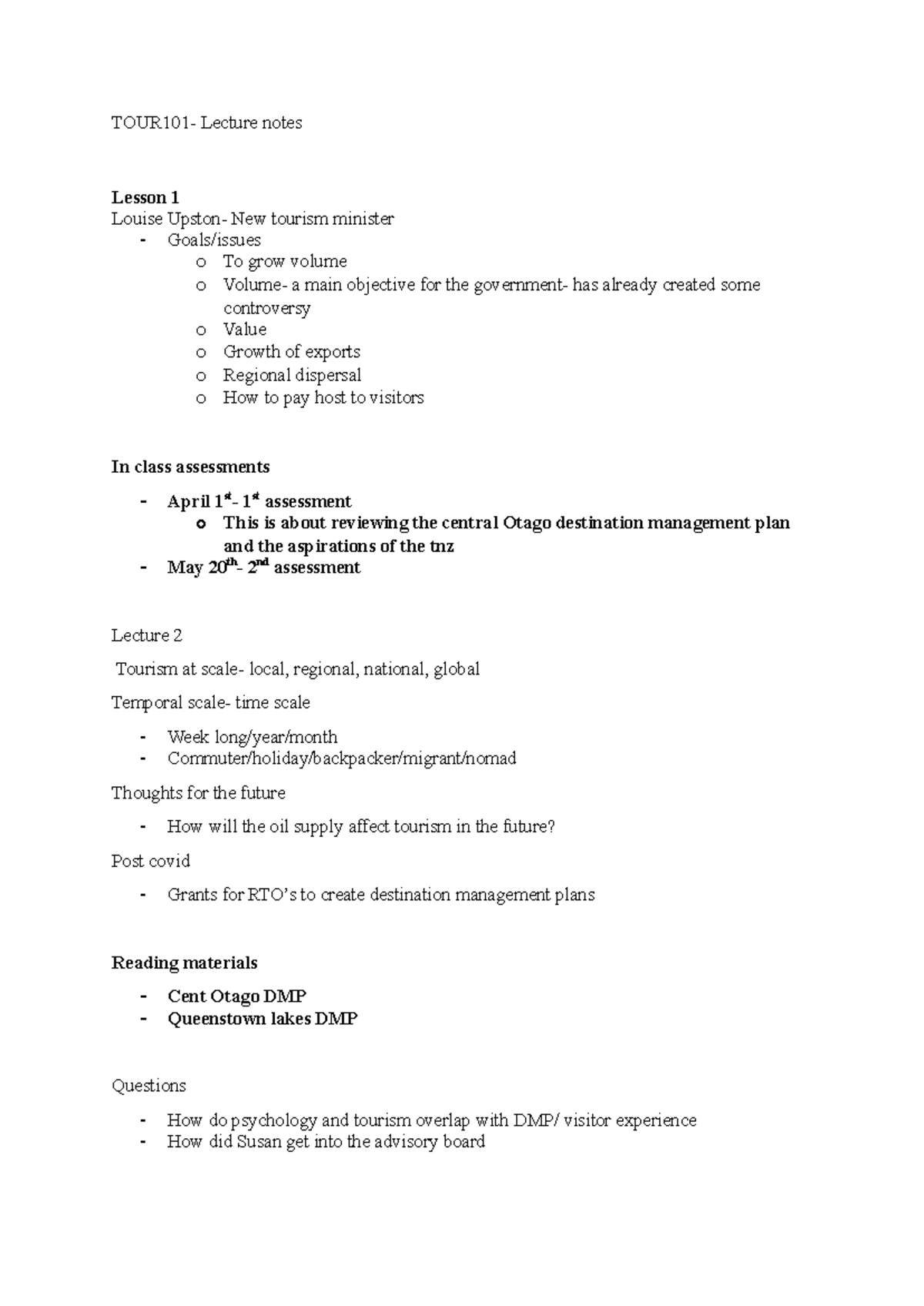 TOUR101 Lecture Notes: Understanding Tourism Systems and Management ...