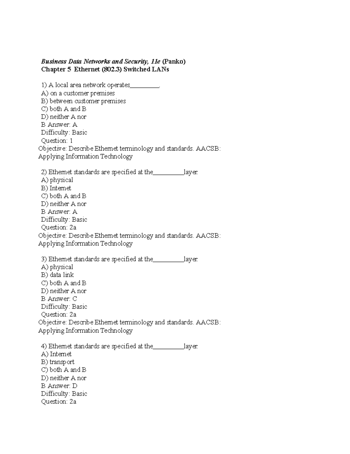 Telecom 11e - Business Data Networks Chapter 5 Testbank Questions - Document Preview