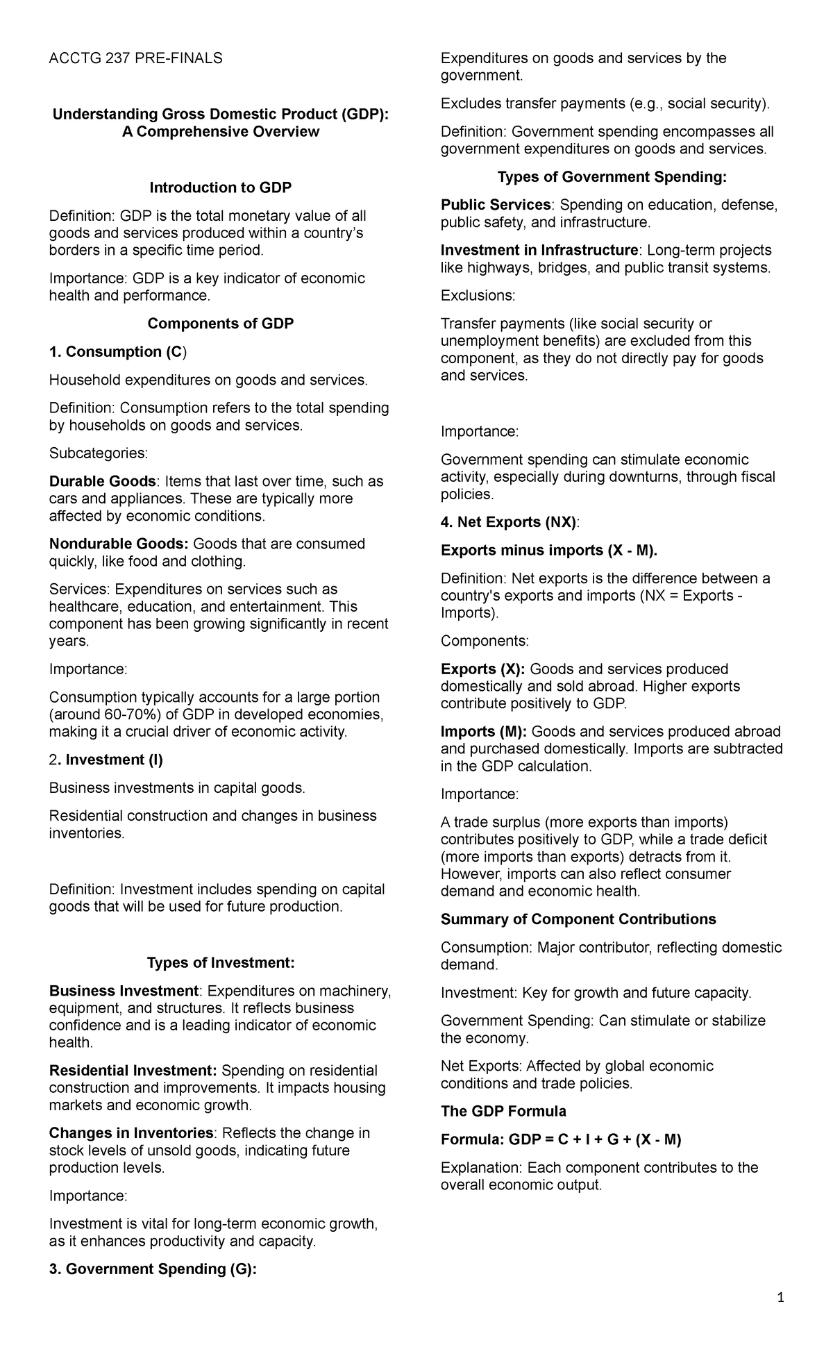 ACCTG 237 Final Exam Notes: Understanding Gross Domestic Product (GDP ...