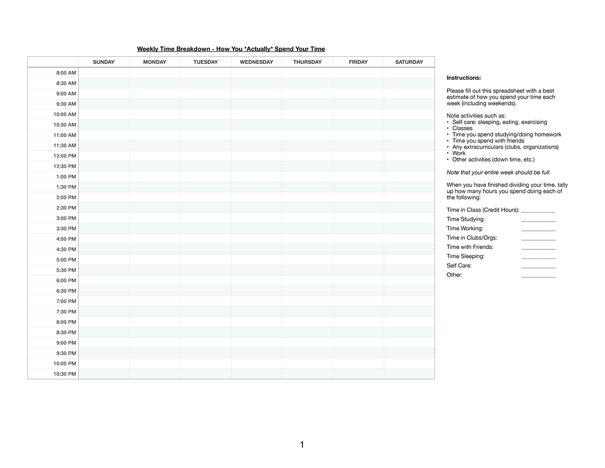 Weekly Time Breakdown Spreadsheet: Estimate Your Activities - Studocu