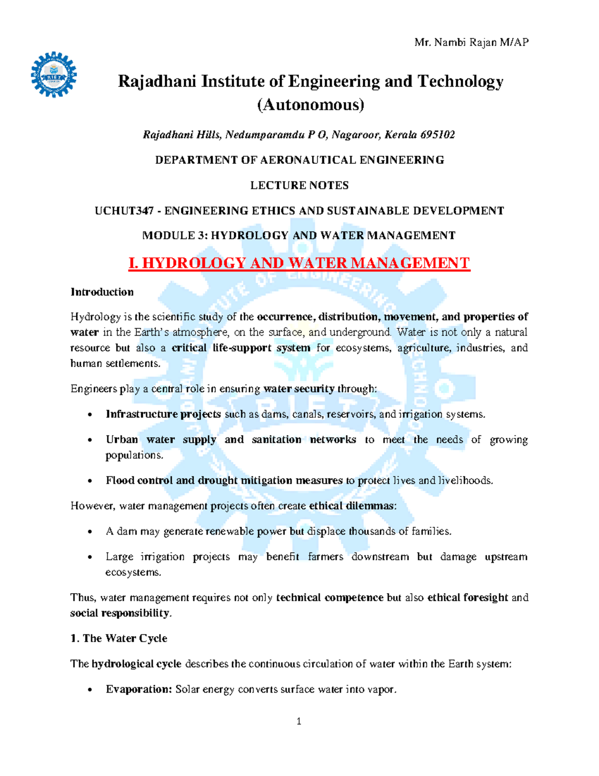UCHUT347 - Lecture Notes on Engineering Ethics: Hydrology & Water ...