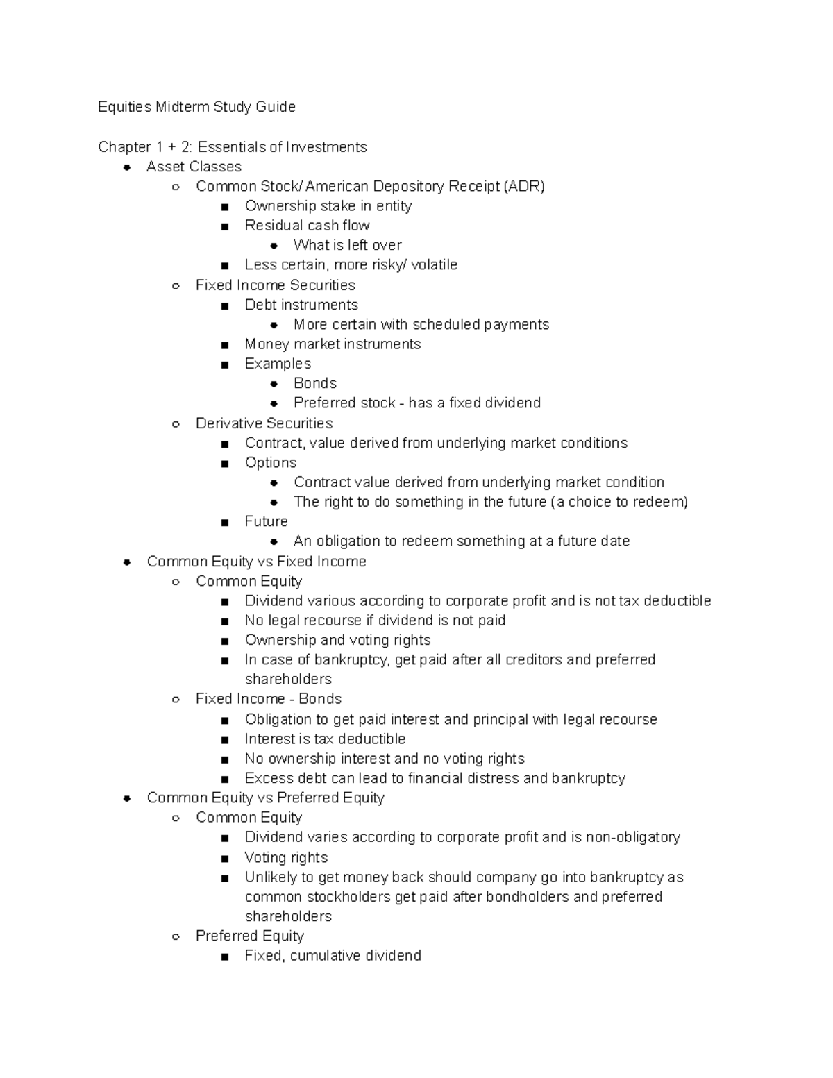 Equities FIN 201 Midterm Study Guide: Key Concepts and Insights - Studocu