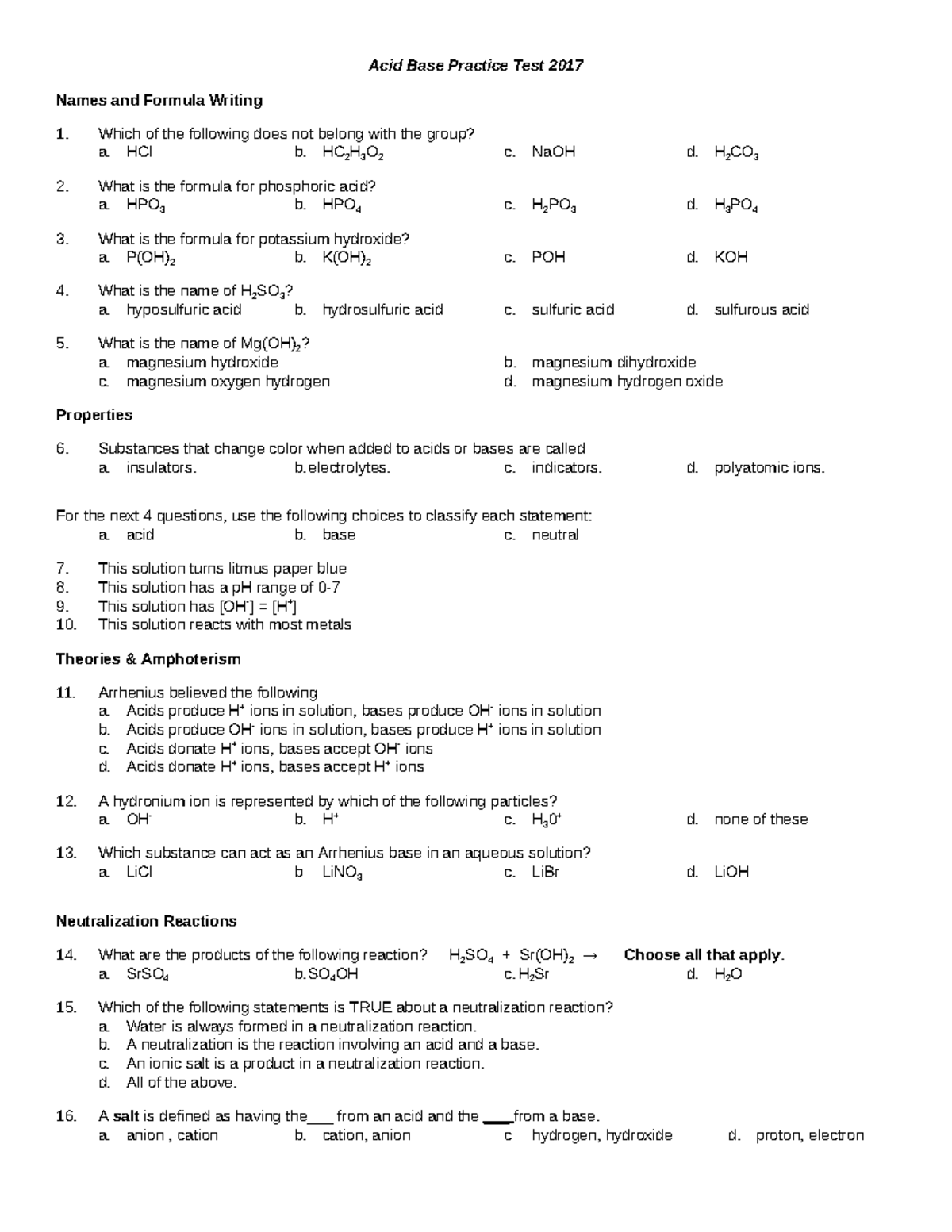 Acids and Bases Practice Test 2017 - Acid Base Practice Test 2017 Names ...