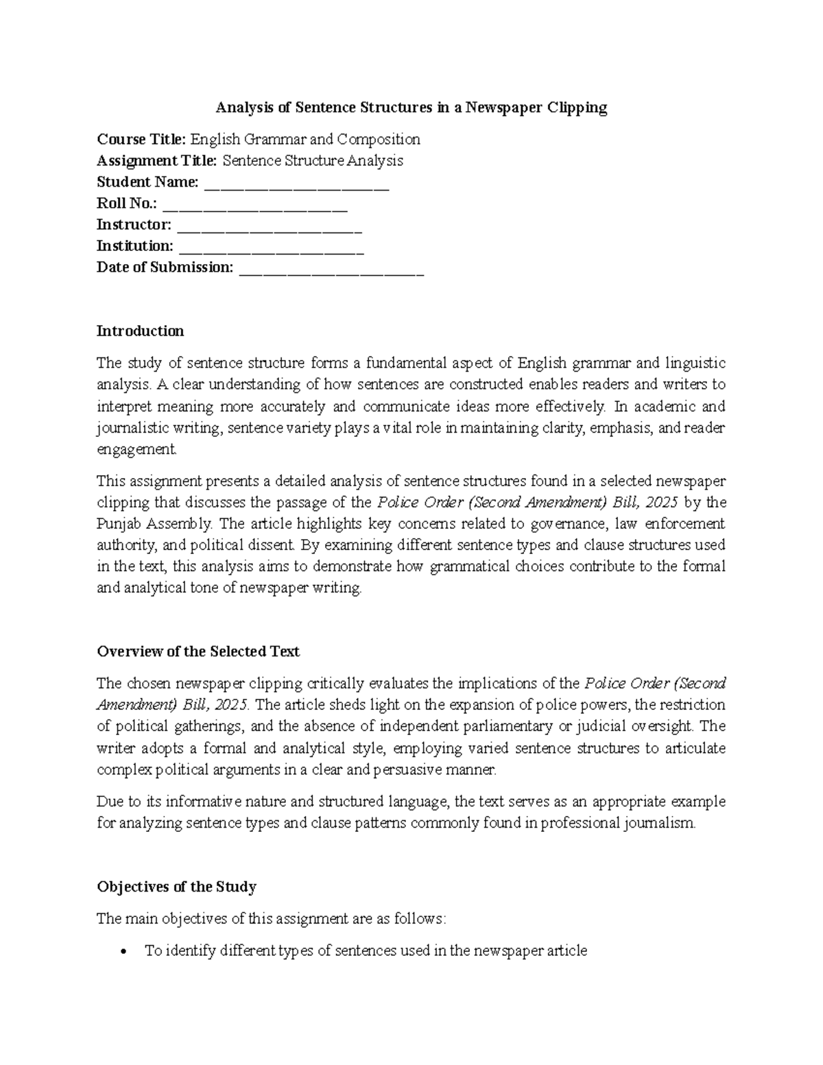 ENG 101: Sentence Structure Analysis of a Newspaper Clipping - Studocu