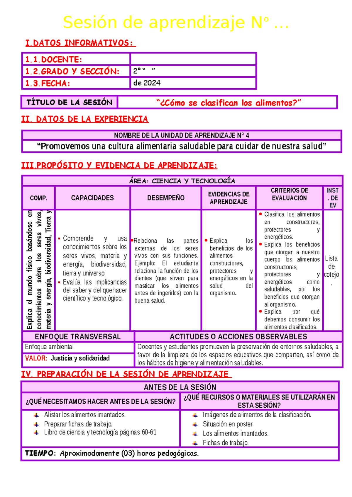 Clasificación de Alimentos según su Función - Sesión de Aprendizaje N° 4 - Document Preview