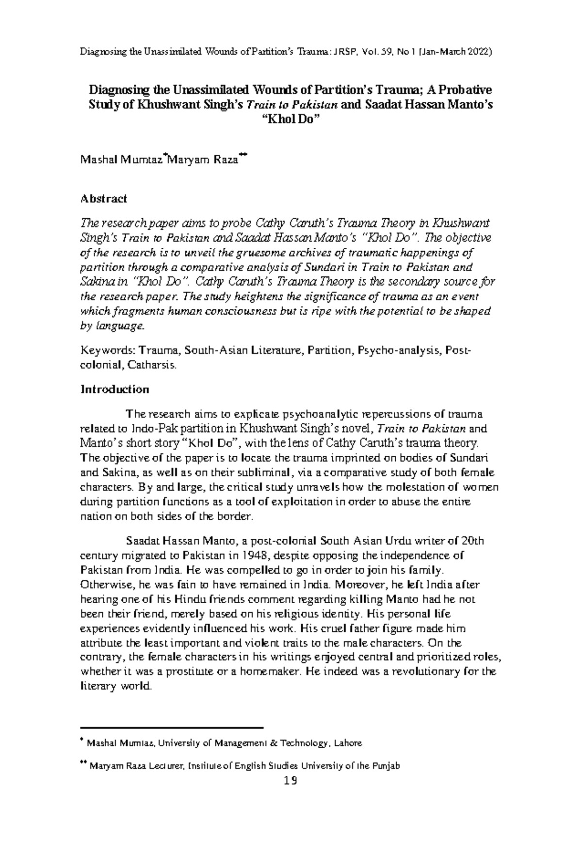 Diagnosing Trauma in Partition Literature: A Study of Khushwant's Train ...