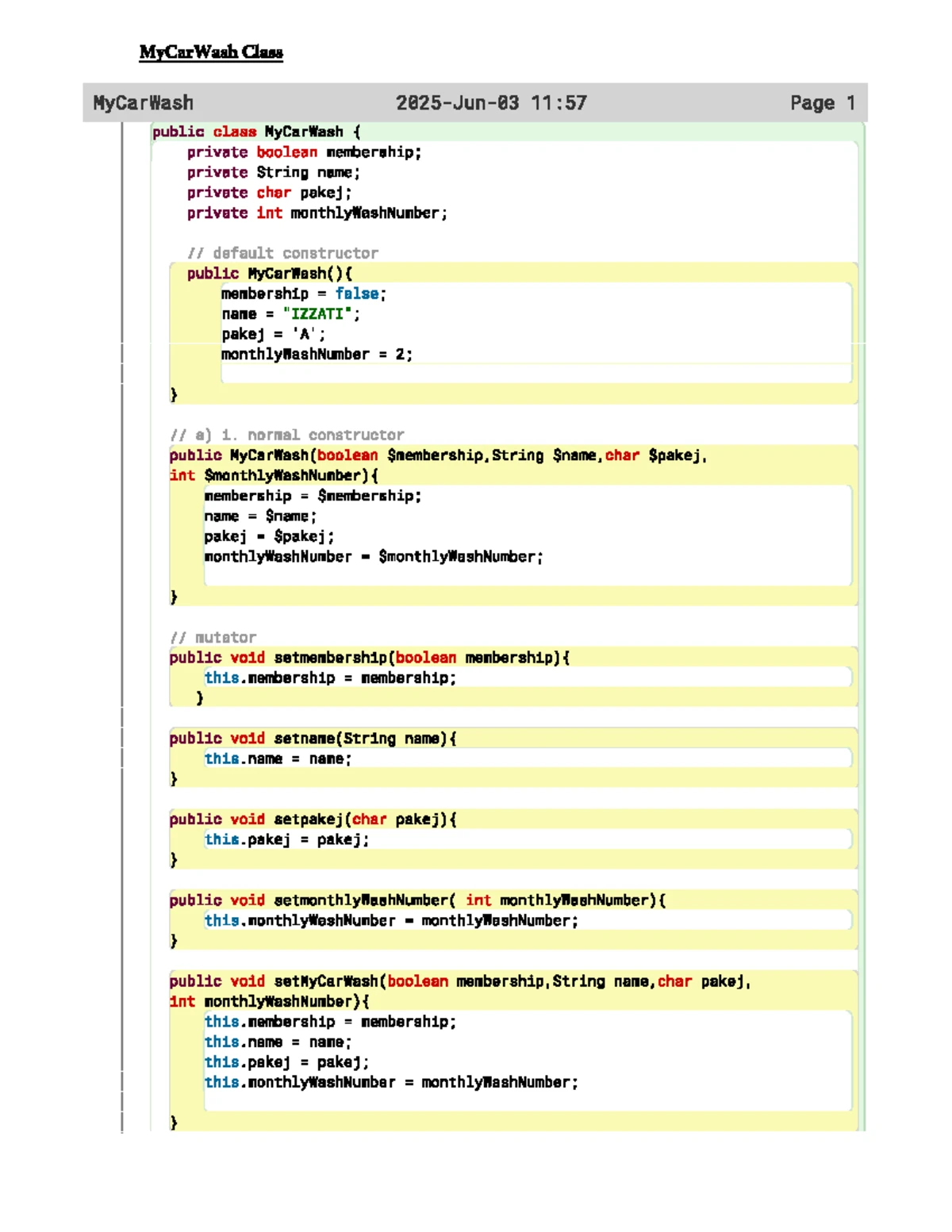 MyCarWash Java Class Implementation and Methods - Studocu
