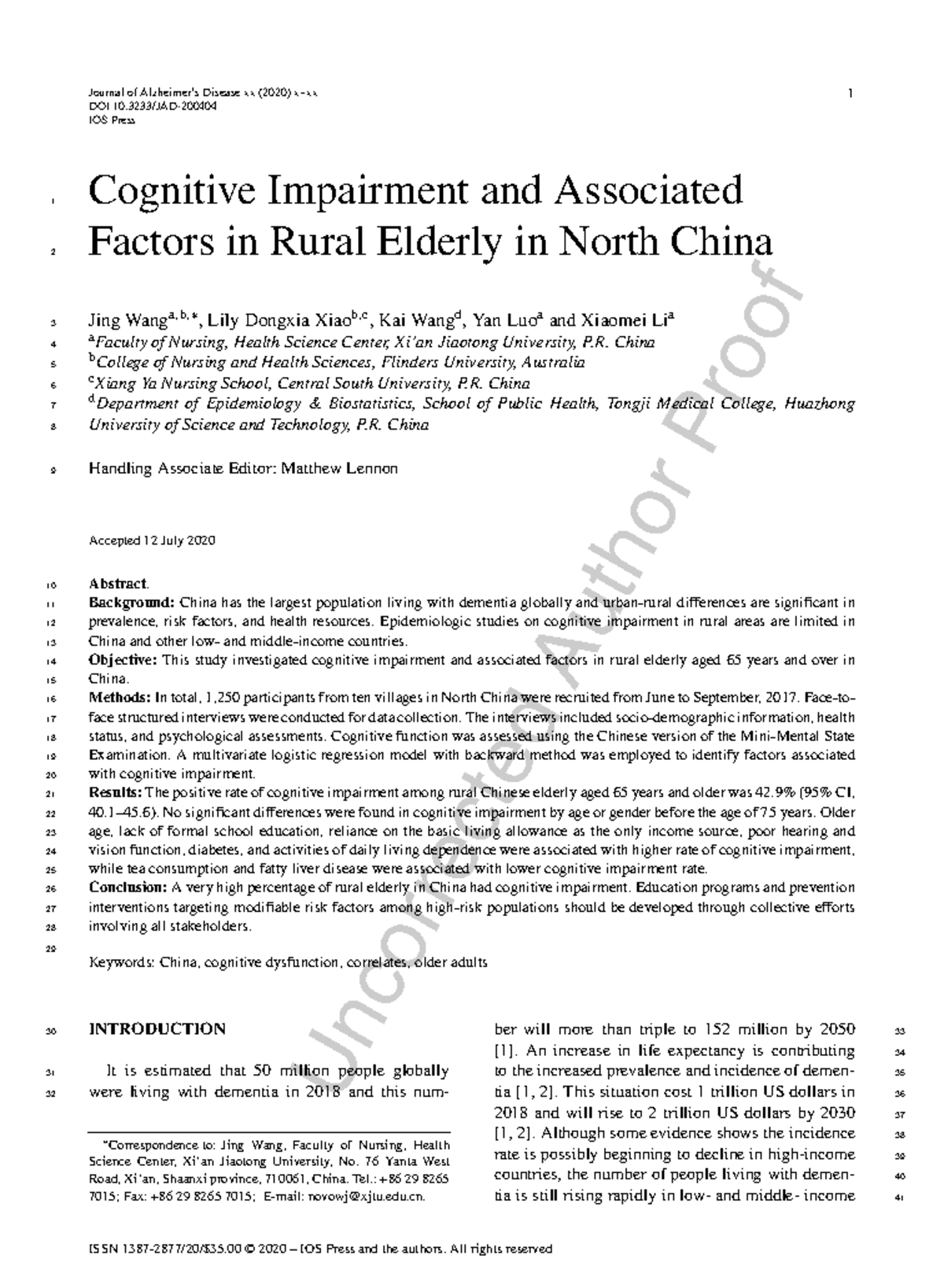 Cognitive Impairment in Rural Elderly: Factors and Insights (2020 ...