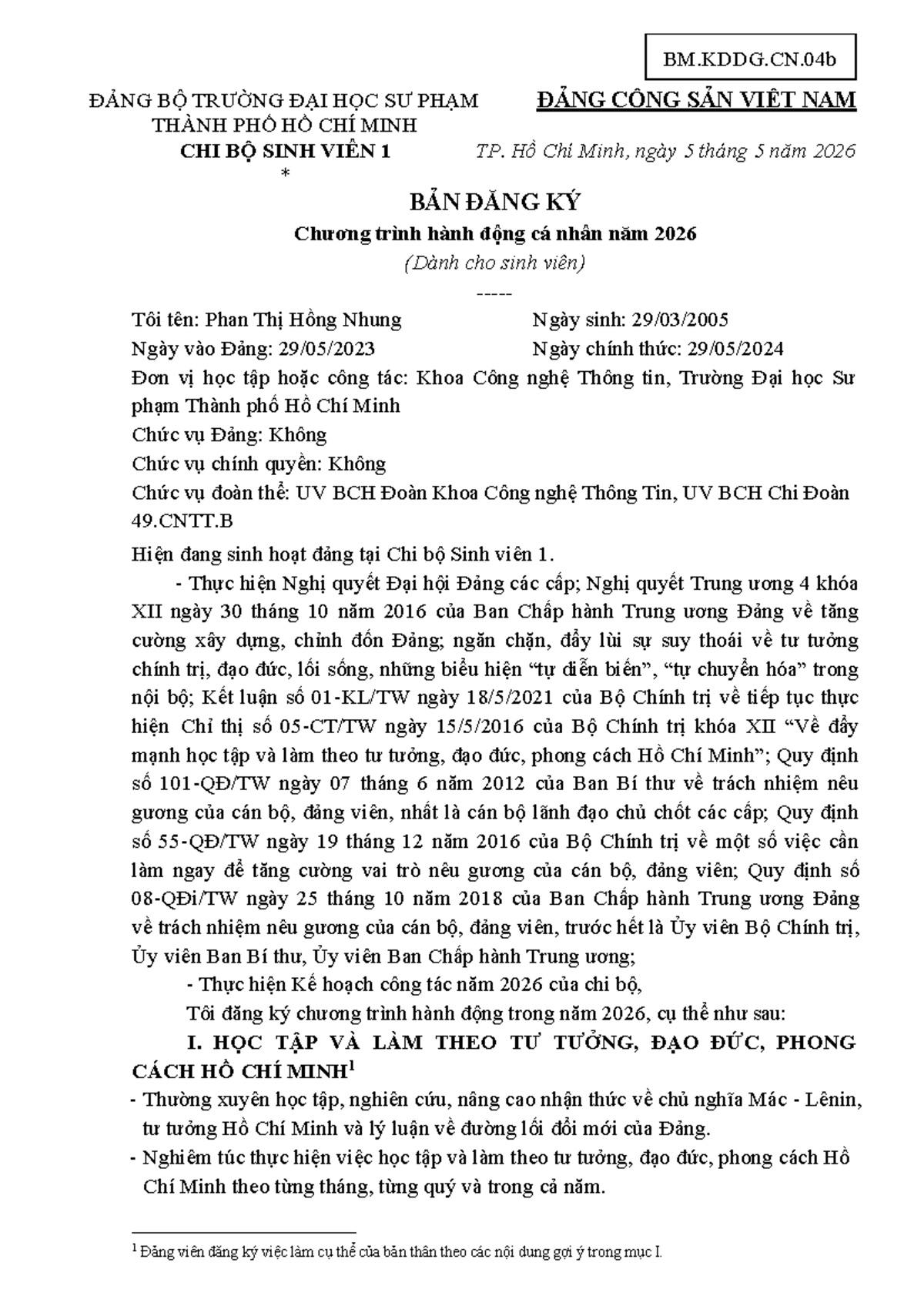 BM.KDDG.CN.04b Chương Trình Hành Động Cá Nhân Năm 2026 - Studocu