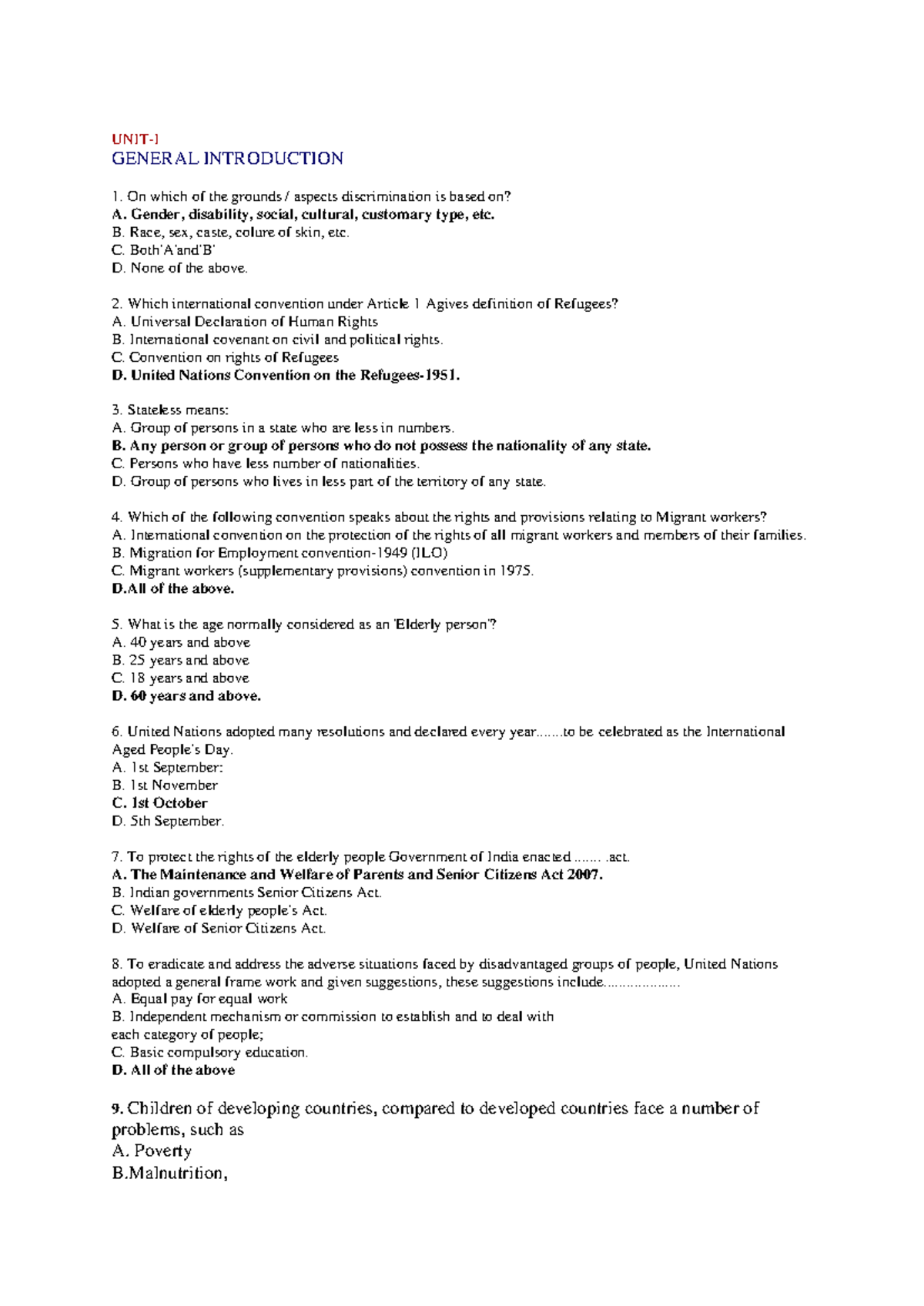 MCQ Unit I - General Introduction to Human Rights (HR 101) - Studocu