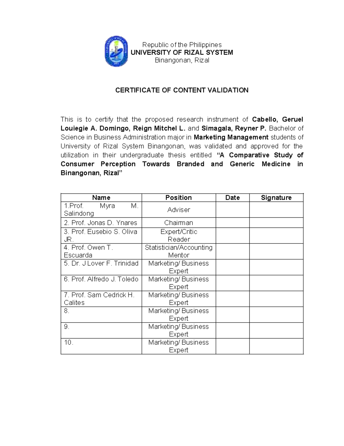 Certificate of Content Validation for BSBA Thesis on Consumer ...