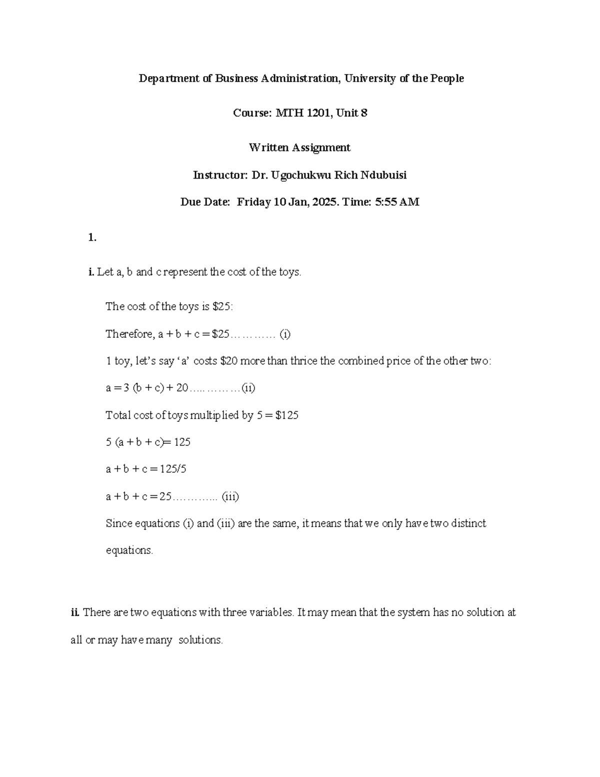 MTH 1201 UNIT 8 Written Assignment - Department of Business ...