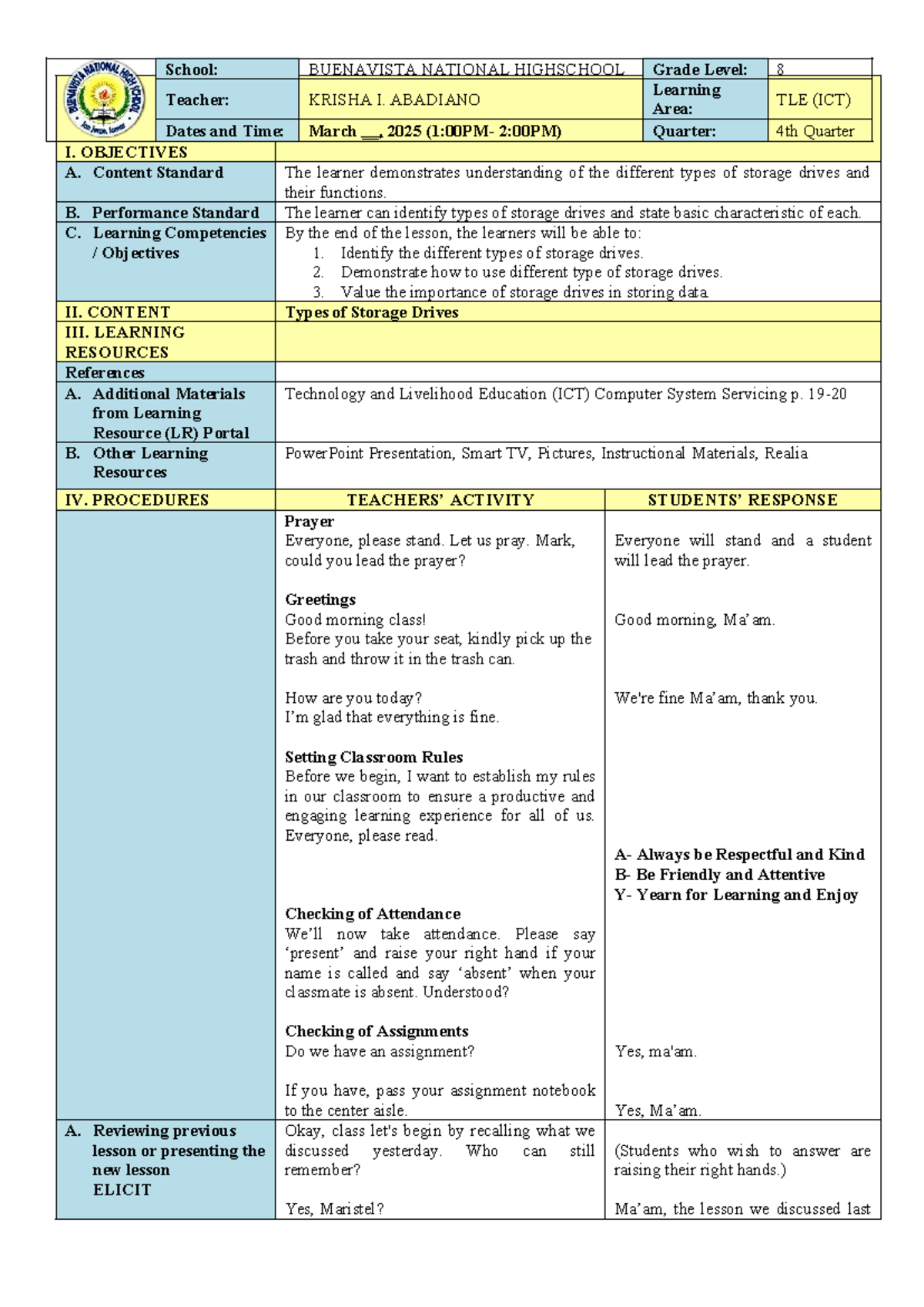 Lesson Plan Storage Drive Revised - I. OBJECTIVES A. Content Standard ...