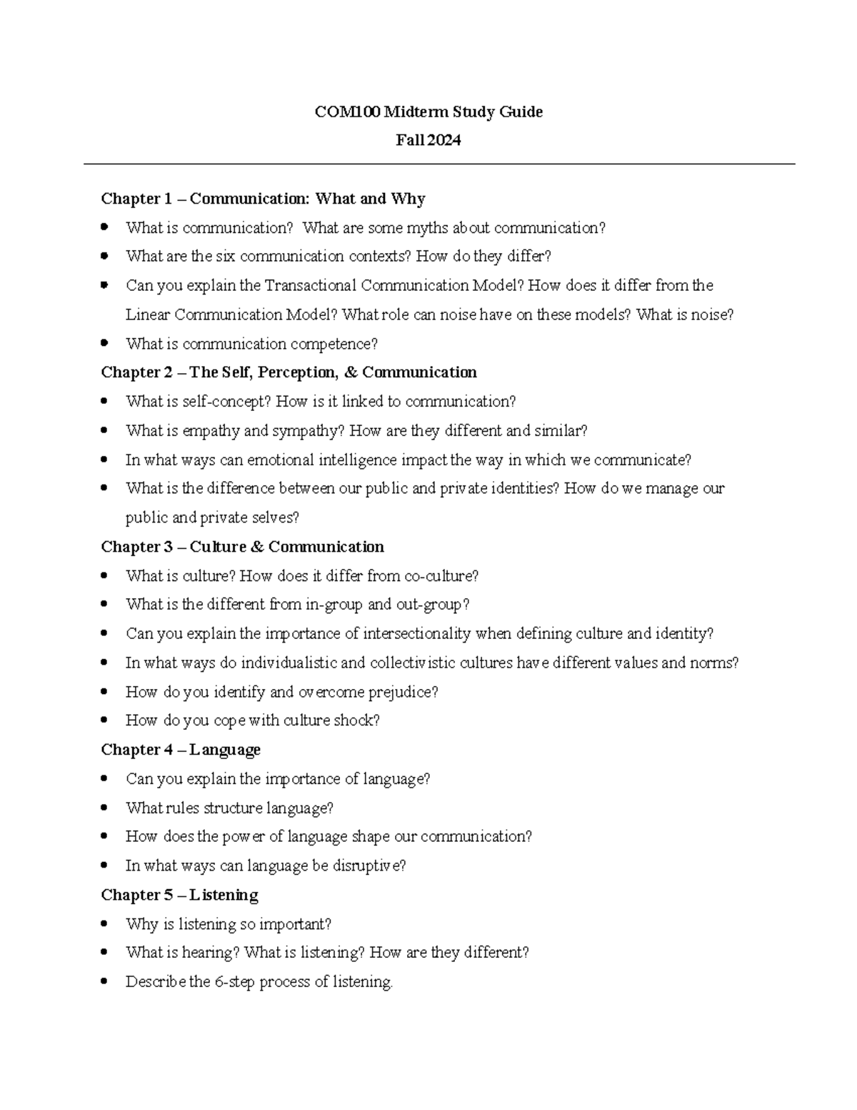 COM100 Midterm Study Guide - Key Topics in Communication (Fall 2024 ...