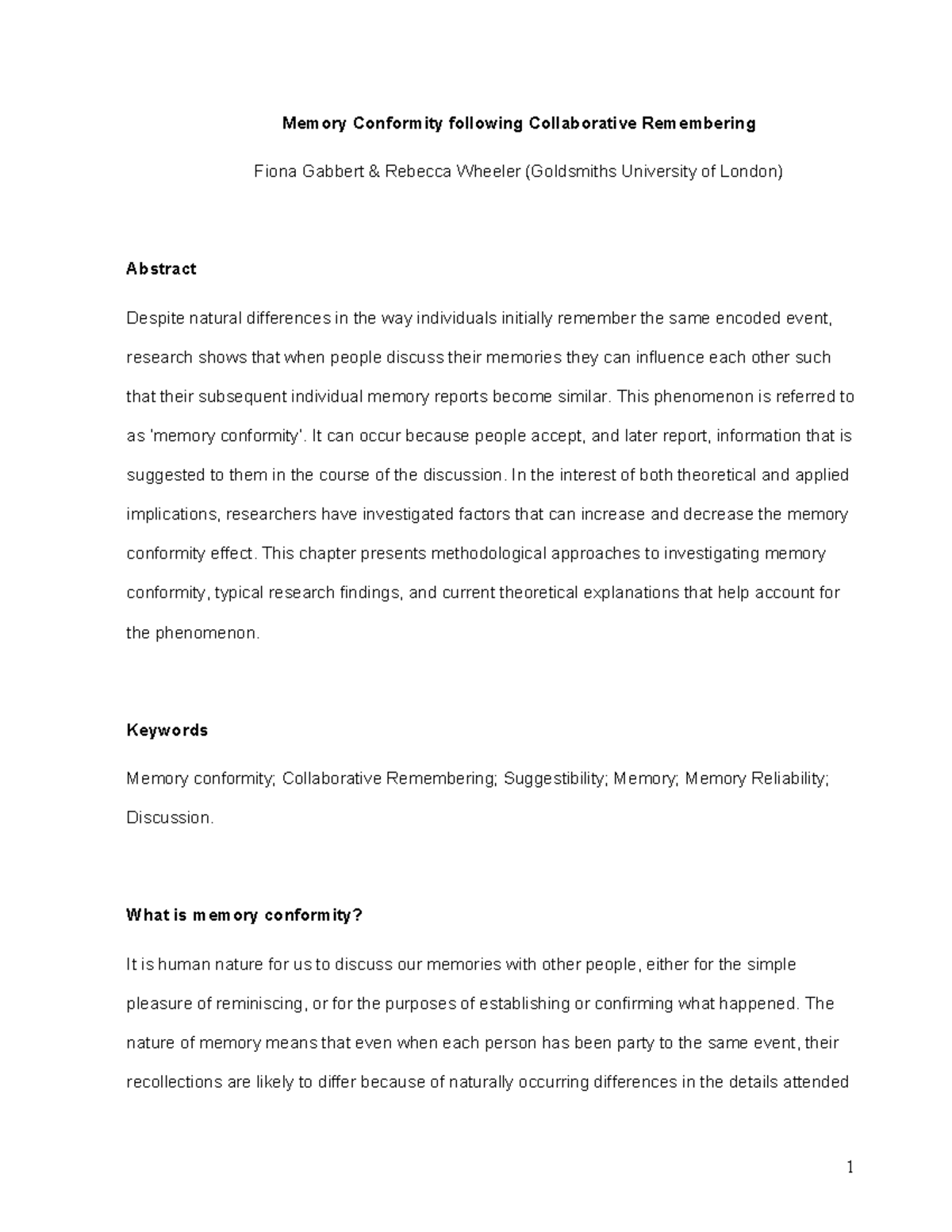 Memory Conformity in Collaborative Remembering: A Study - Studocu