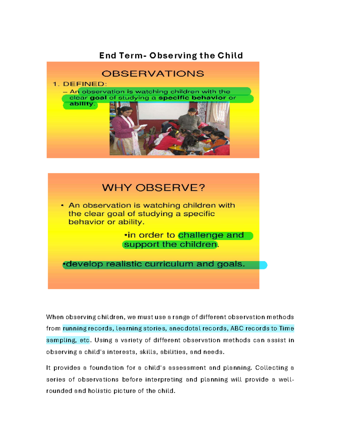 Observing a child for psychoeducational assessment - End Term ...