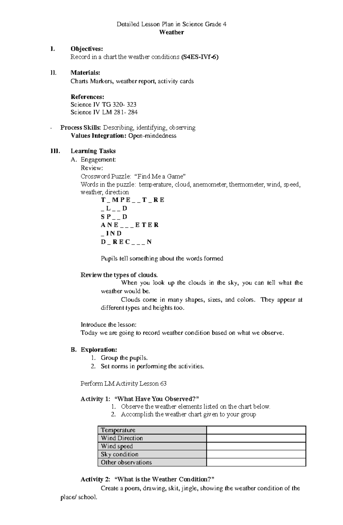 Detailed Lesson Plan in Science Grade 4: Weather Q4W5 - Studocu