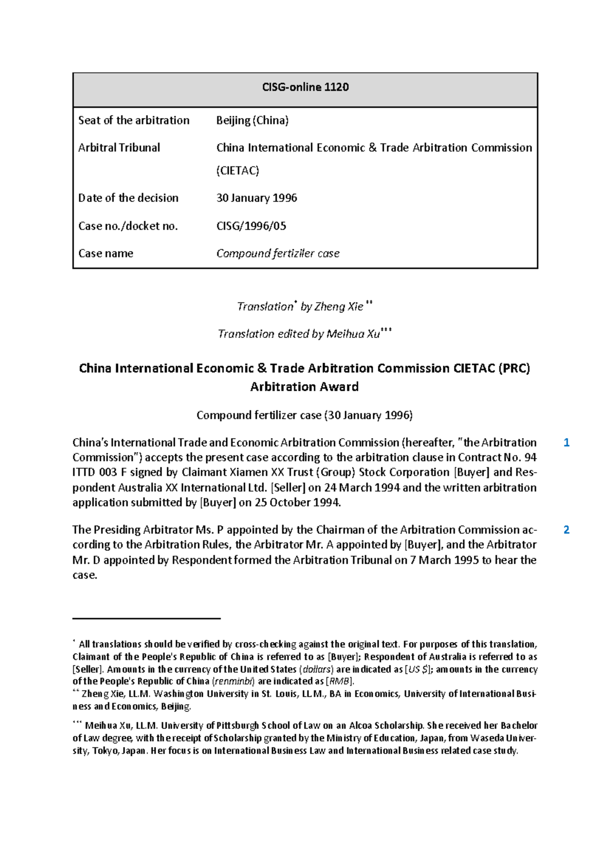 CIETAC Arbitration Award: Compound Fertilizer Case (30 Jan 1996) - Studocu