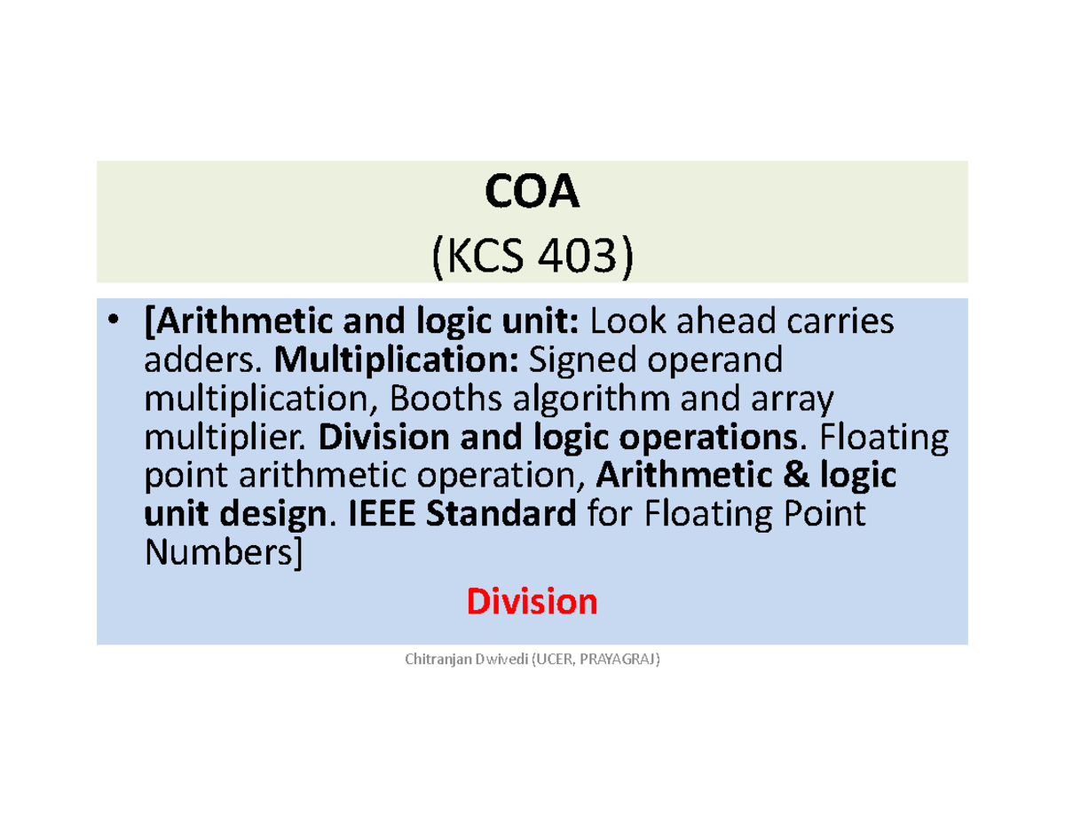 COA (KCS 403) Division Notes: Restoring Algorithm & Overflow Conditions ...