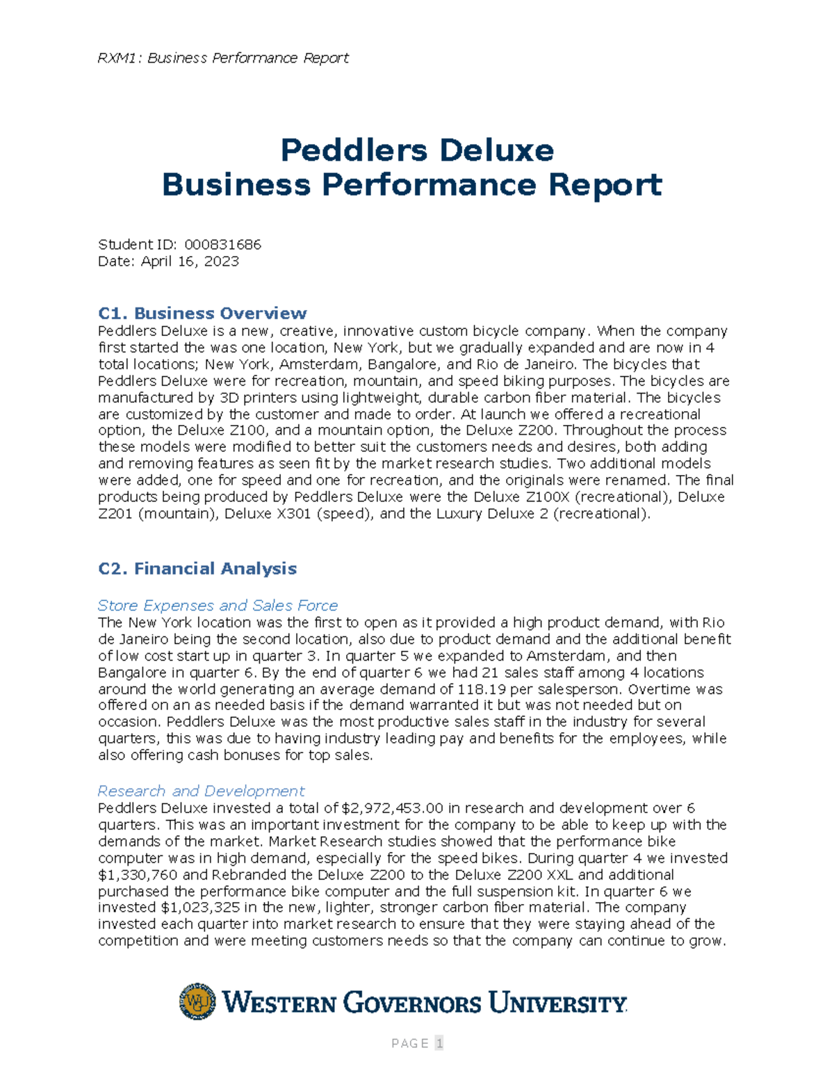 D361 Business Performance Report for Peddlers Deluxe - Task 1 - Studocu