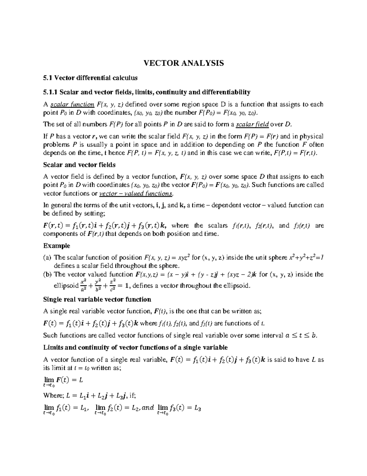 VECTOR ANALYSIS: Scalar and Vector Fields, Limits, and ...