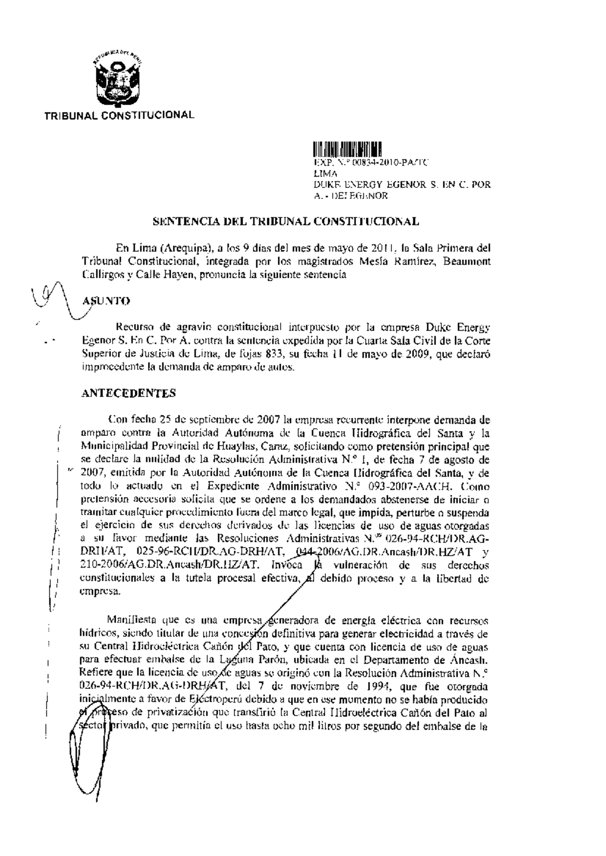 TRIBUNAL CONSTITUCIONAL EXP N 00834 LIMA SENTENCIA EGENOR S. EN C. POR ...