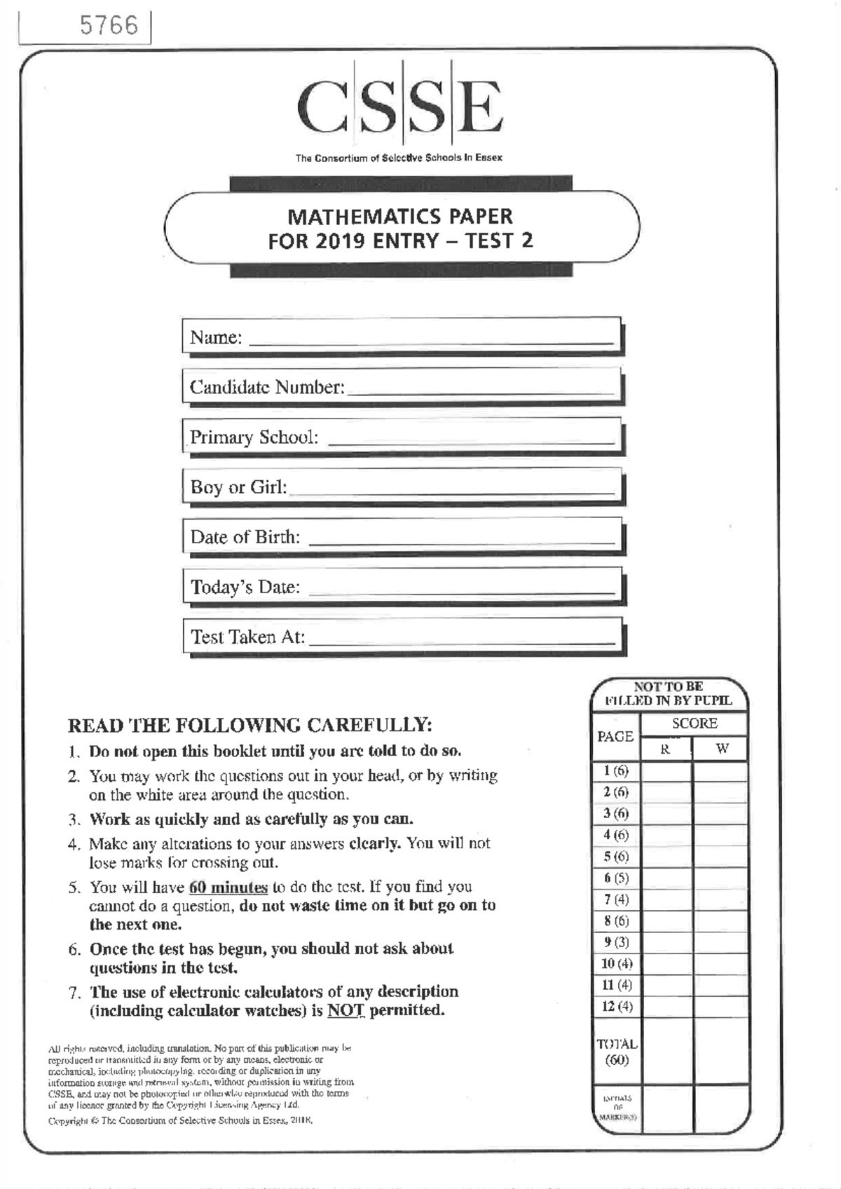 5766 CSSE 2019 Entry Mathematics Test Paper - Studocu