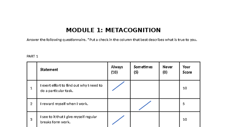 MODULE 1: METACOGNITION Questionnaire and Reflection Activities - Studocu
