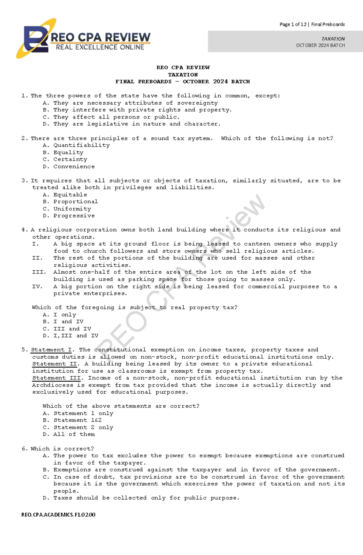 REO CPA REVIEW Final Preboards TAXATION OCTOBER 2024 BATCH - Studocu