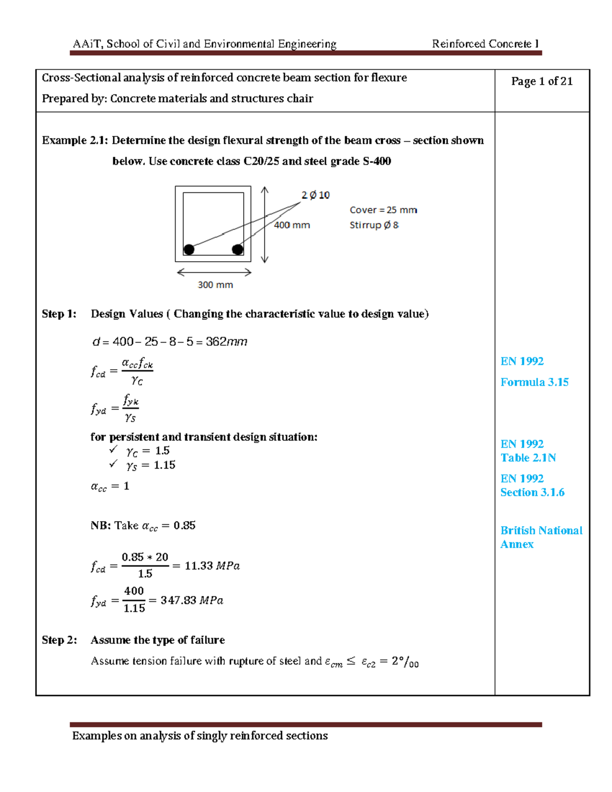 RC1 2015-16 Chapter 2: Analysis Examples for Singly Reinforced Beams ...