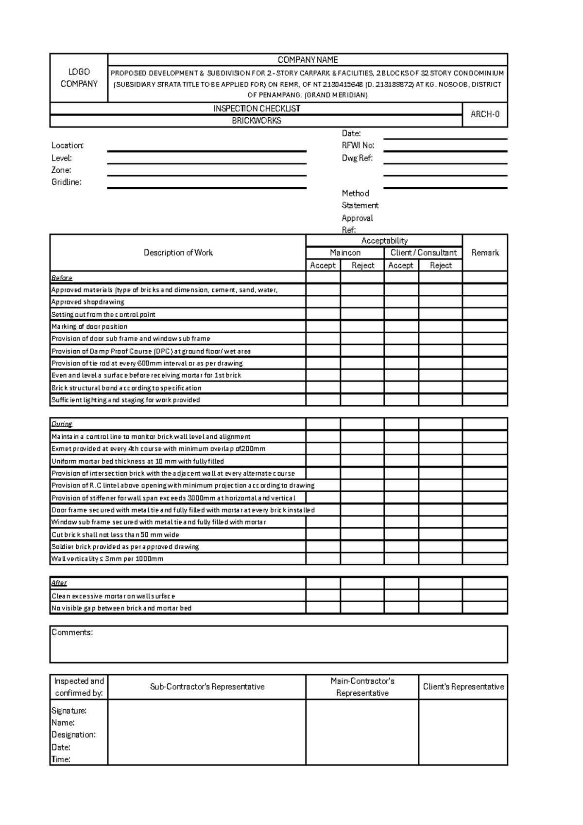 3 RFWI for Brickworks - Inspection Checklist for Development Project ...