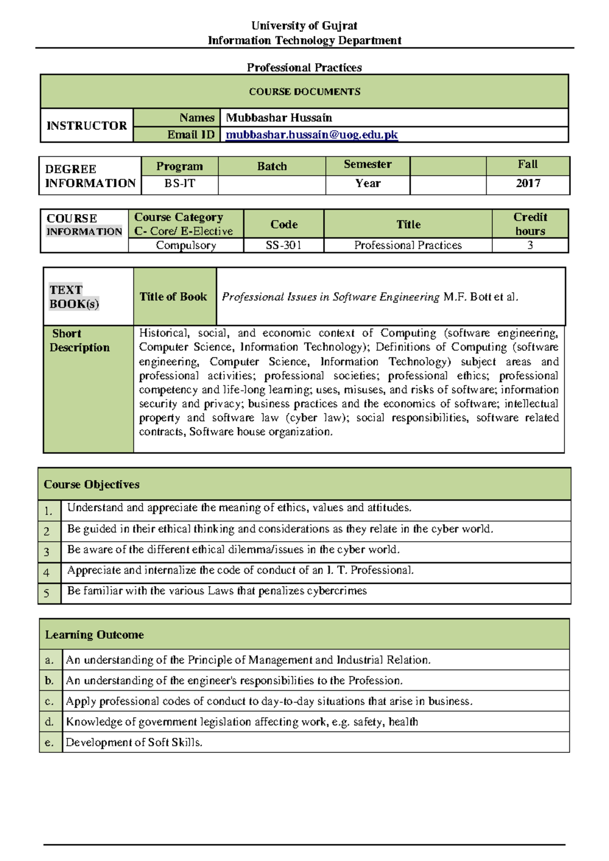 SS-301 Professional Practices Course Outline and Key Concepts - Studocu