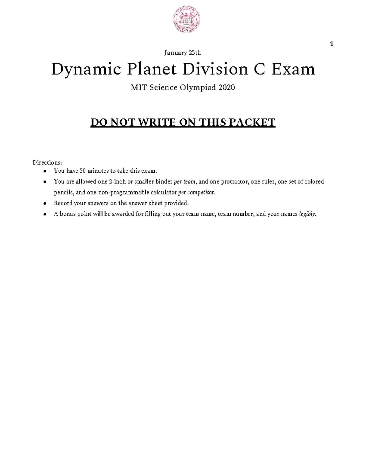 MIT 2020 Dynamic Planet Division C Exam - January 25th - Studocu