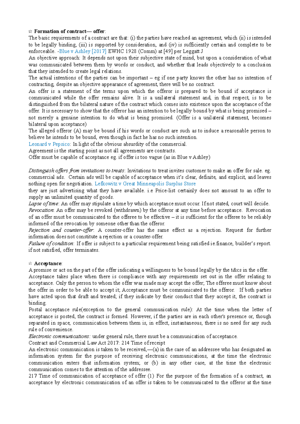 Contract Law Exam Notes: Formation of Offer and Acceptance - Studocu