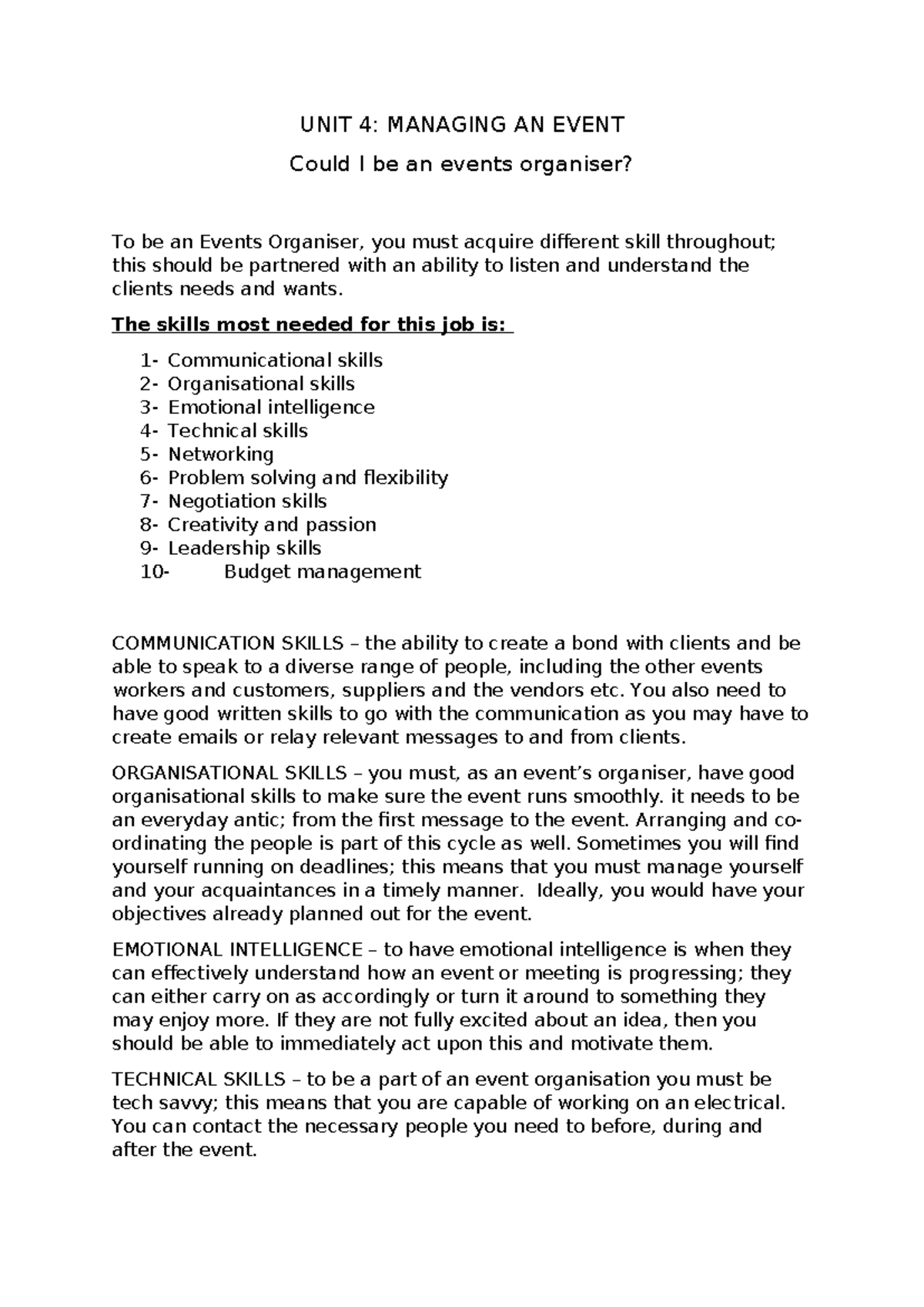 Assignment - UNIT 4: Event Organiser Skills & Roles Overview - Studocu