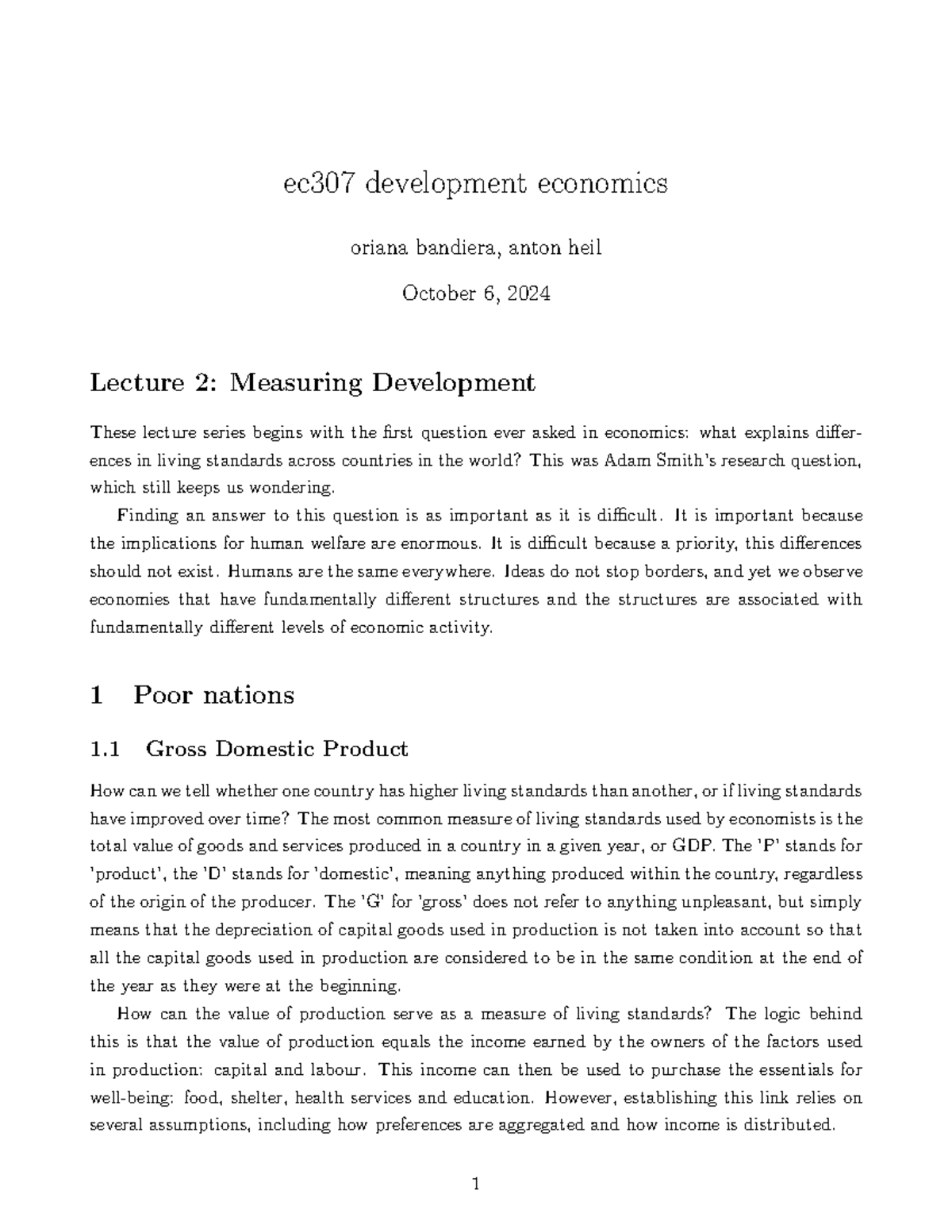 EC307 Development Economics: Lecture 2 - Measuring Development Insights ...