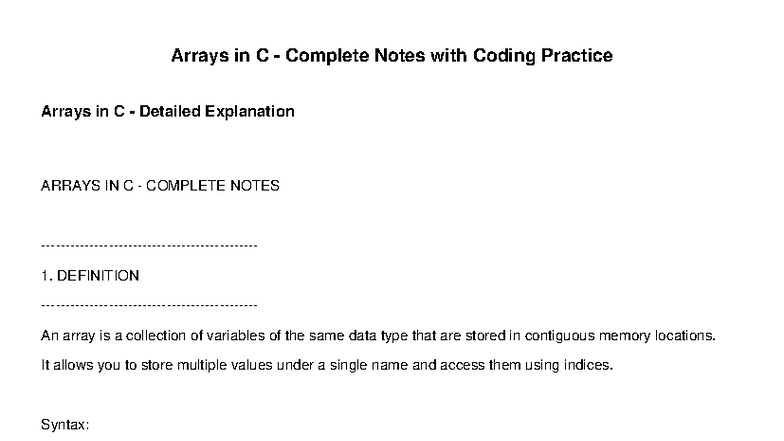 Arrays in C: Complete Notes & Coding Practice Guide - Studocu