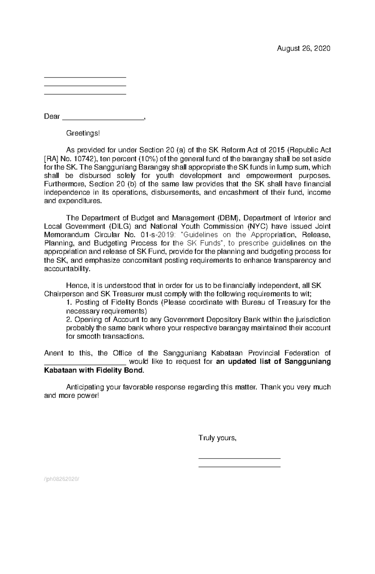 BOT SK Fidelity Bond Request Letter Template for Barangays - Studocu