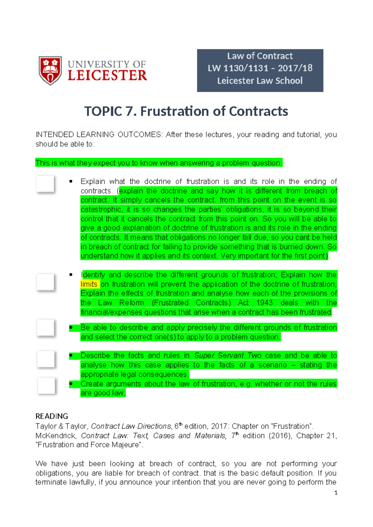 LW 1130/1131 Contract Law: Understanding Frustration in Contracts - Studocu