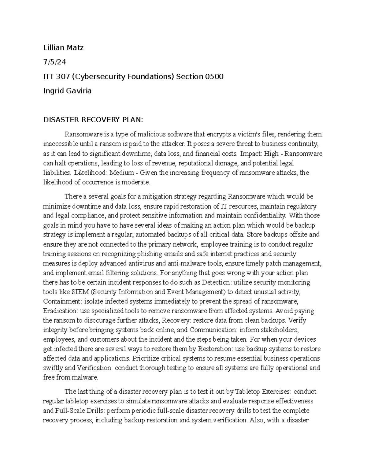 Disaster Recovery Plan for Ransomware - ITT 307 (Cybersecurity ...