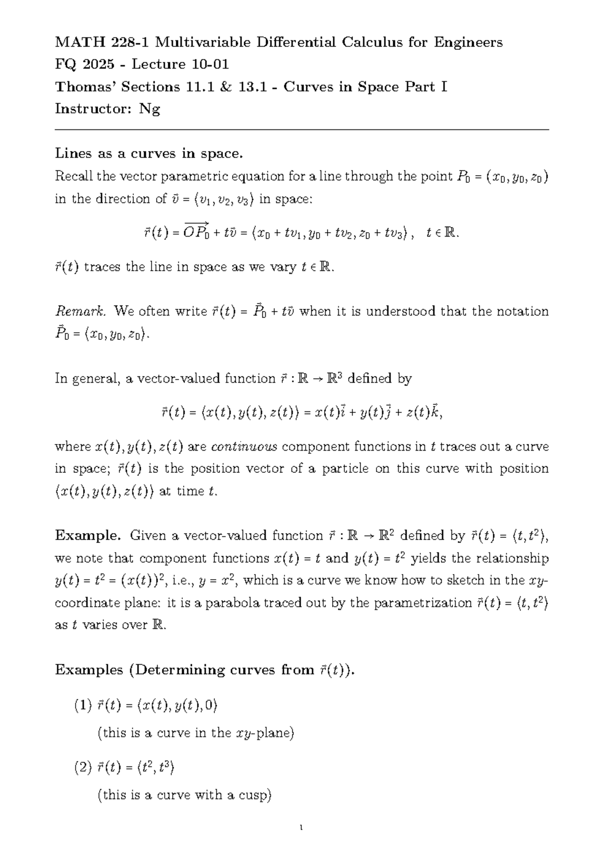 MATH 228-1 Final Exam Lecture Notes: Curves in Space Overview - Studocu