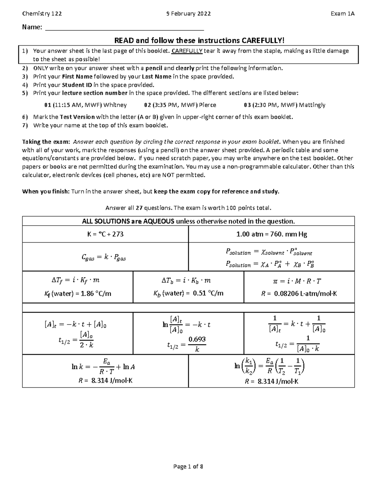 Chem 122 S22 Final Exam 1A KEY - Key Solutions for Practice Exam - Studocu
